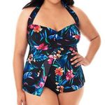 Trimshaper black tropical print floral slimming control halter swim top 24W NEW Photo 0