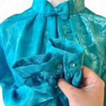 Vintage Ann Chabrol Teal Floral Jacquard Blouse w/ Bow Neck – Size 16 Blue Photo 2