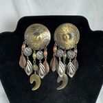 Vintage Large Medallion Coins & Feathers Earrings Tribal Navajo Native American Gold Photo 2