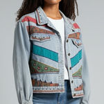 Petite Sophisticate Denim Jacket Southwestern Patchwork Embellished Size S Photo 0