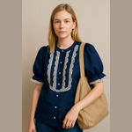 Vintage Handmade Navy Lace Puff Sleeve Blouse – Romantic Cottagecore Medium Blue Photo 6