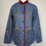 Denim & Co Embroidered Denim Jacket Women’s XS Red Floral Button Photo 0