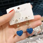 Women's Blue Diamond Love Heart Dangle Drop Earrings Photo 1
