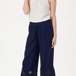 Susan Graver Linen Blend Ankle Pants Crochet Detail Navy Blue Size 12 Photo 2