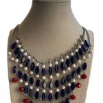 Vintage Patriotic USA Red White Blue Silver Tone Women’s Chain Necklace Sz 22 in Photo 0