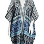 Loft Poncho M/L Blue White Mixed Mosaic Kimono Jacket Woven Knit Festival Hippie Photo 0