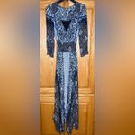 Free People  Mexicali Rose Black Blue Print Smocked Waist Slit Maxi Dress Size XS Photo 7