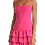 Likely Amica Tiered Ruffle Hem Mini cocktail dress Barbie Pink Sugar square neck Photo 6