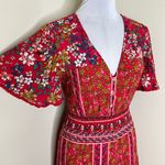 Boho Hippie Midi Dress MEDIUM Red Floral Feminine V Photo 4