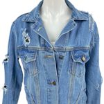 Forever 21  Women Blue Long Sleeve Distressed Button Up Denim Jean Jacket Size S Photo 2