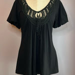 L8ter  black top crochet lace neckline fitted bust flares out at the hips Size M Photo 0