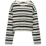 ZARA Crop Rustic Sweater Striped Long Sleeve Cotton White Black Crew Neck Medium Photo 8