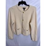 AQUA  Boucle‎ Knit Cropped Cardigan Gold Button Pockets Cream Size L Photo 4