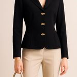 Reba  Black Blazer Gold Turn-Lock Peplum Hem Quiet Luxury Money Classic Workwear Photo 0