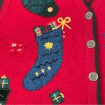 Talbots Vintage Wool Holiday Sweater Vest size M Red Stockings Gifts Festive Photo 4