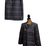 Kasper Womens Suit Set Jacket Skirt Geometric Print Black Blue Size 12 Photo 1