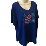 Catherines  V Neck Royal Blue SS Tee Shirt Top Sz. 1X/18/20W Embellished Floral Photo 2