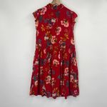 Loft Floral Printed Mini Swing Dress Red Tie Bow Neckline Pockets Womens Medium Photo 4