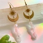 Vintage Bohemian Celestial Sun Moon Rose Quartz Gold Drop Earrings Photo 0