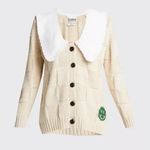 Ganni  Rope Knit Checkerboard Smiley Beige Cardigan Large Collared Preppy Italy Photo 0