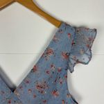 Dee Elly  Mini Dress Size Medium Floral Faux Wrap Ruffle Swiss Dot Blue Photo 3
