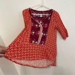 Anthropologie  AKEMI KIN Ikat Split Neck Top Orange / Red Aztec Embroidered Boho Photo 8