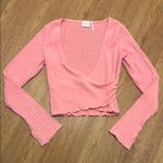 Urban Outfitters  Medium Pink Ribbed Wrap Top Cropped Lettuce Trim Sweater Photo 0