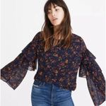 Madewell Ruffle-Sleeve Top Women's Small Navy Blue Floral Climbing Vine Blouse Photo 12