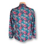 Vintage 80s Blouse Dark Floral Detail Bow High Tie Neck Blue Satin Long Sleeve Size 12 Photo 2
