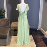 Women’s Full Length Green Chiffon Ruffle Dress Corset Back Leg Slit Size 12 Green Photo 4
