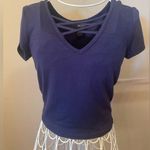 Wet Seal Cropped Criss Cross Front Short-Sleeve Top, Size XS, Navy Blue Photo 0