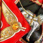 VINTAGE Equestrian RED & BLACK Horses and Tassels Print silky Scarf 35’/35’ Photo 8