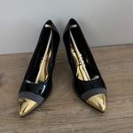 Simply Be Shoes Black Patent Leather Pointed Toe Gold Cap Heel Dress Pump Size 7 Photo 3