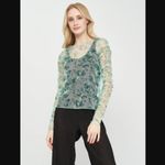 ZARA Mesh Top S Green Floral Print Ruched Long Sleeve Sheer Trendy Photo 2