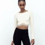 ZARA Long Sleeve Ribbed Crop Top Rhinestone Fringe in Oyster White Size Medium Photo 5