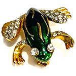FROG BROOCH PIN 1" Enameled Gold Blue Green Crystal Rhinestone Photo 1