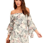 Lulus Sun-Drenched Daydream Beige Floral Print Off-the-Shoulder Dress Size XS Photo 0