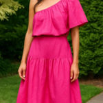 ZARA Voluminous Asymmetric Bubble Skirt Dress Hot pink linen cotton Sz L Photo 0