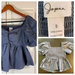 Japna  Smocked Puff Sleeve Square Neck Peplum Top Blue Cotton Small Cotagecore Photo 10