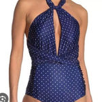 Nicole Miller Convertable Navy Swim One Piece NWT Polka Dot Backless Small Photo 0