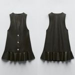 ZARA NEW Green Faux Vegan Leather Sleeveless Button Pinafore Ruffle Mini Dress M Photo 11