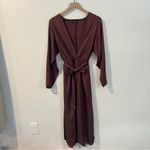 Massimo Dutti Brown Satin Faux Wrap Dolman Sleeve Side Slits Midi Dress Size M Photo 3
