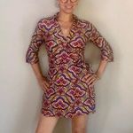 Aryeh  boho stretch 3/4 sleeve multicolor printed wrap mini dress Medium Photo 0