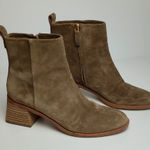 Tory Burch  TAN SUEDE SIDE ZIP FLARED WOODEN BLOCK STACKED HEEL BOOTIES 8.5M Photo 0