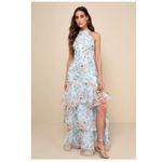 Lulus  Forever Exceptional Light Blue‎ Floral Halter Organza Maxi Dress, Medium Photo 1