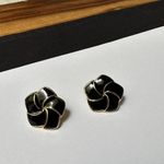 Signed Napier Black Enamel Gold Tone Flower Pierced Earrings Photo 0
