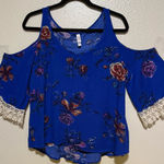 Xhilaration Electric Blue Floral Cold Shoulder Top | Blouse | Shirt Photo 0