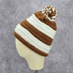 Brown Pom Pom White Cable Knit Vintage Y2k Funky Beanie Crochet Hat Photo 2