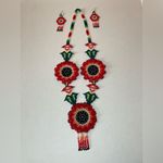 Handcrafted Floral Beaded Necklace and Earrings Set. Red Photo 2