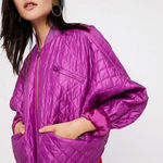 Free People  Easy Quilted Bomber Jacket Women Small Fuchsia Purple Oversized Boho Photo 0